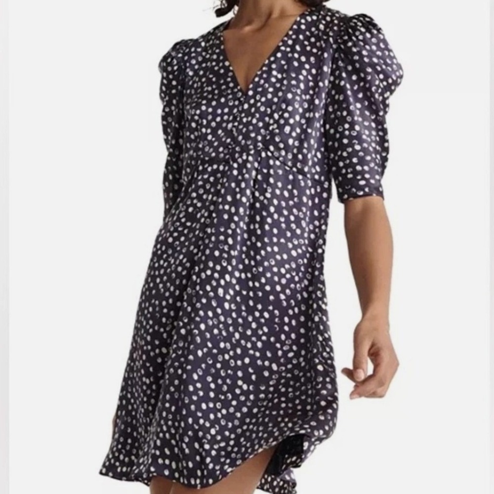 The Kooples Moon Dots Navy Polka Dot Silk Puff Sleeve Mini Dress Size 3 / L